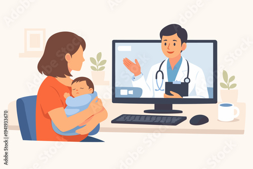 Mother holding a newborn baby during an online medical consultation with a male doctor on a computer screen. Telemedicine, digital healthcare, and pediatric remote support vector illustration.