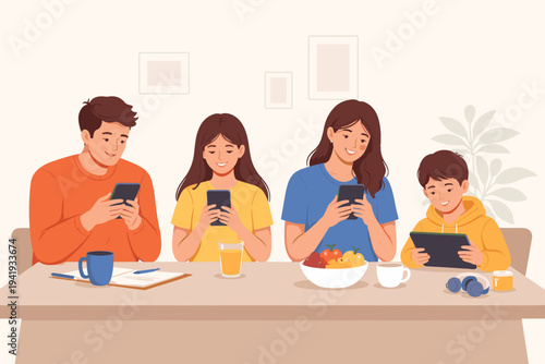 Vector illustration of a happy family sitting together at a table, each person distracted by their own smartphone or tablet, showing modern digital lifestyle, technology addiction, and social media