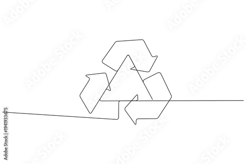 Recycling symbol, continuous single line drawing, minimalist style, isolated outline illustration