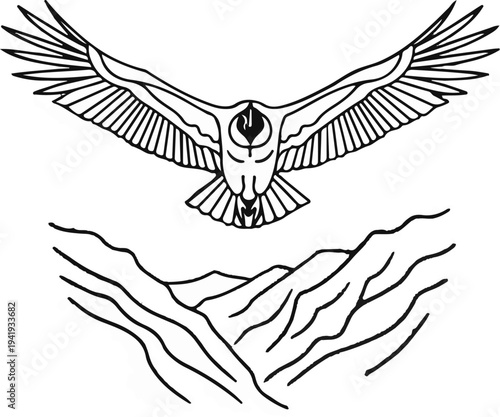 A majestic bird with outstretched wings soars above a stylized mountain landscape
