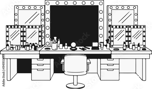 A make-up station with mirrors, lights, and vanity items