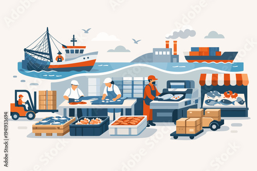 Seafood industry supply chain flat vector illustration featuring commercial fishing boat, factory workers processing fresh fish, logistics with forklift, cargo ship, and retail market display.