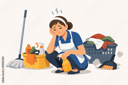 Tired and Frustrated Housekeeper Squatting with Cleaning Supplies, Exhausted Maid Overworked by Household Chores, Flat Vector Illustration of Burnout and Stress in Domestic Work Service