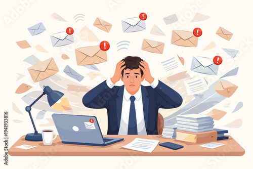 Overwhelmed businessman sitting at office desk feeling stressed and anxious while being bombarded by a massive amount of incoming emails and notifications in a clean flat vector illustration.