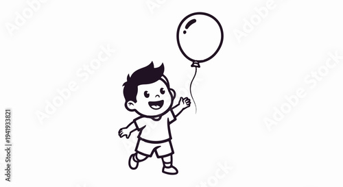 A happy cartoon boy with spiky hair runs while holding a balloon