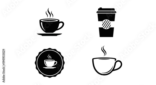 Minimal coffee cup silhouette vector set featuring four modern coffee cup designs including classic mug with steam, takeaway coffee cup, circular badge emblem, and elegant cafe mug silhouette.