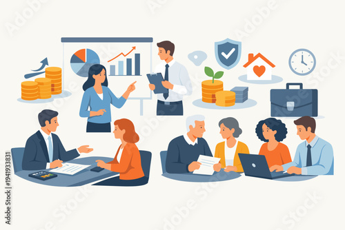 Professional financial advisors and business people providing expert consulting services, investment planning, insurance solutions, and retirement advice to diverse clients in a flat vector style.