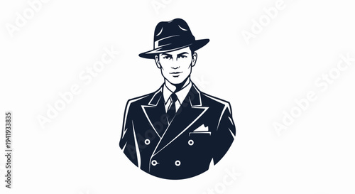 A portrait of a man in a fedora and double-breasted suit, looking forward