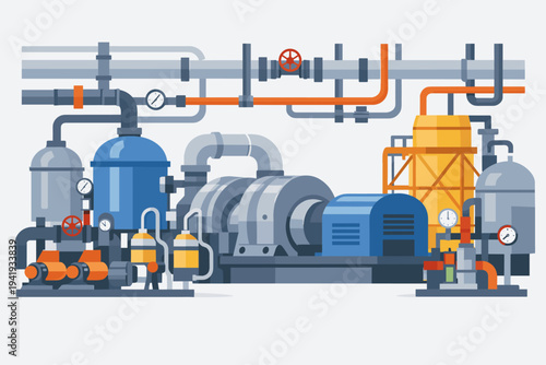Flat vector illustration of an industrial power plant interior with complex piping systems, valves, pressure gauges, storage tanks, and heavy machinery for energy production and processing.
