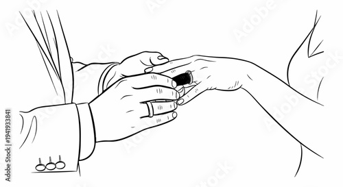 A man places a ring on a woman's finger, symbolizing union