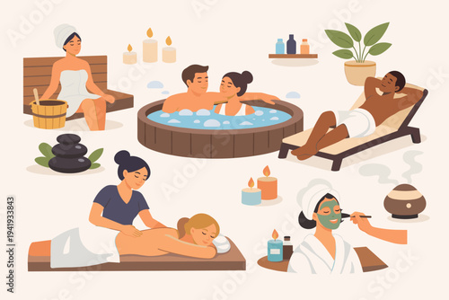 Vector Illustration of People Relaxing in a Spa Wellness Center with Sauna, Hot Tub, Massage Therapy, and Facial Treatment. Diverse Characters Enjoying Self-Care and Beauty Salon Activities.