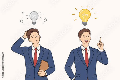 Vector Illustration of Two Businessmen Thinking and Having a Bright Idea. One Man is Confused with an Unlit Light Bulb, While the Other is Inspired with a Glowing Yellow Bulb for Innovation.