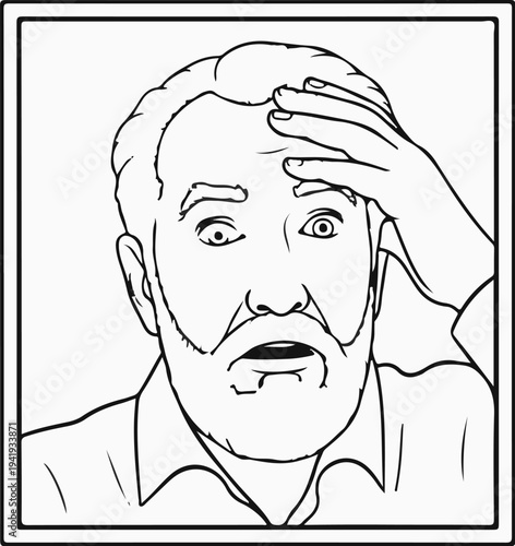 A man with a beard and open mouth, hand on his forehead, appears shocked or surprised