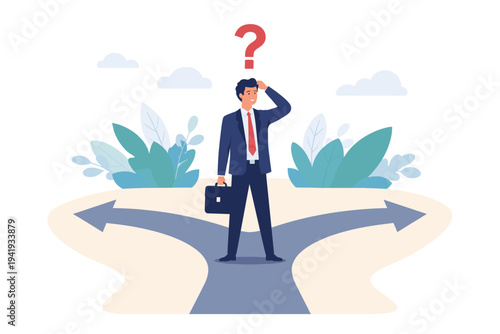 Perplexed Businessman with Question Mark Standing at a Crossroads with Two Directional Arrows, Concept of Career Choice, Decision Making, Uncertainty, and Business Strategy Flat Vector Illustration