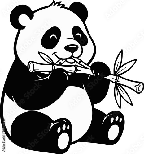 A happy cartoon panda sits and munches on a stalk of bamboo