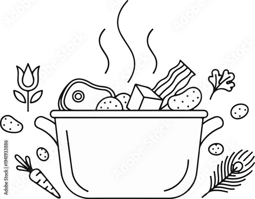 A pot of steaming food with meat, potatoes, and vegetables, surrounded by ingredients