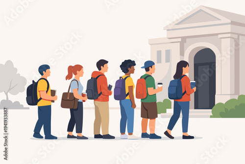 Diverse group of students with backpacks and books standing in a line to enter a university building or college campus. Flat vector illustration of students waiting for enrollment or school.