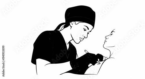 A medical professional in scrubs and cap meticulously performs a procedure on a patient