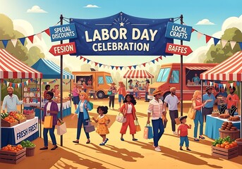 Vibrant labor day celebration scene with people and stalls