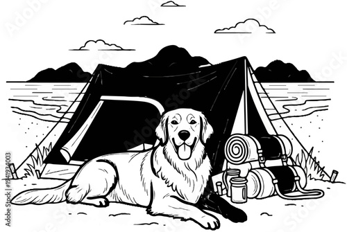 A happy dog relaxes in front of a tent near a lake with mountains