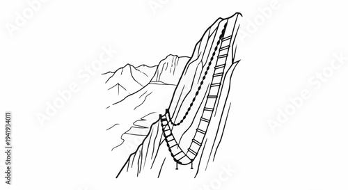 A precarious rope bridge spans a steep mountain pass with distant peaks