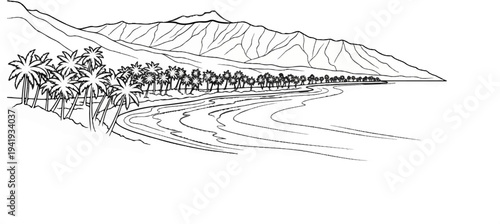 A scenic sketch of a coastline with palm trees and mountains in the background