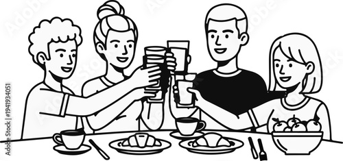 A happy family enjoys a breakfast toast with croissants and fruit