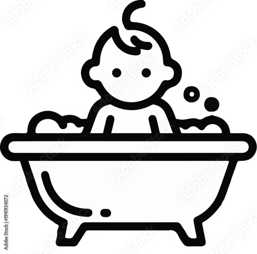 A minimalist black and white line drawing of a baby in a bubble bath