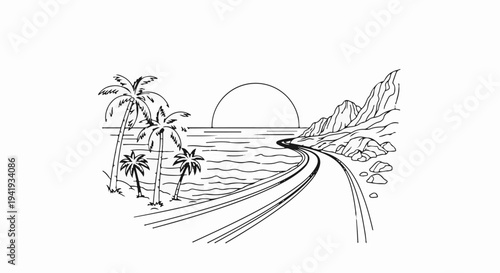 A scenic view of palm trees, a winding road, mountains, and the ocean at sunset