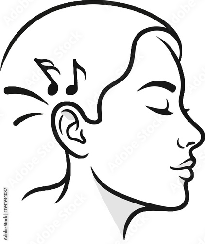 A profile drawing of a person with closed eyes and music notes above their ear