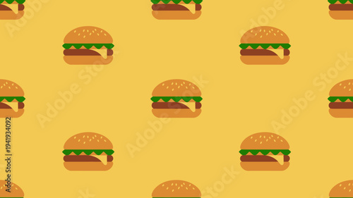 Seamless pattern of stylized cheeseburgers with melted cheese and green lettuce a yellow background
