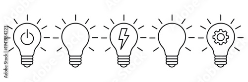 Light Bulb Icon Set for Innovation and Creative Ideas, Bright Lamp Symbols Representing Solution, Brainstorming, Inspiration, Technology Thinking Process, Idea Generation Concept, Vector Illustration 