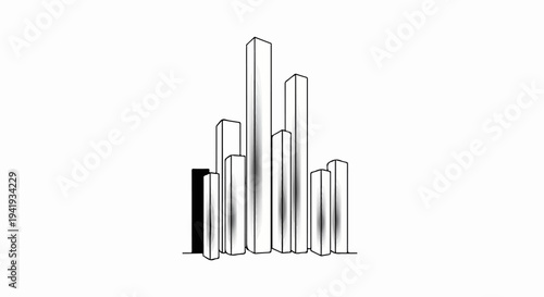 A minimalist drawing of tall rectangular buildings in varying heights, black and white