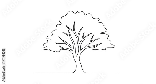 Simple Line Drawing of a Tree with Branches and Leaves.