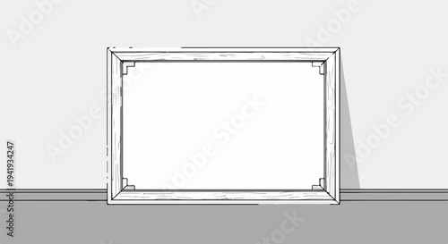 A minimalist drawing of a wooden framed blank canvas on a grey surface against a white wall