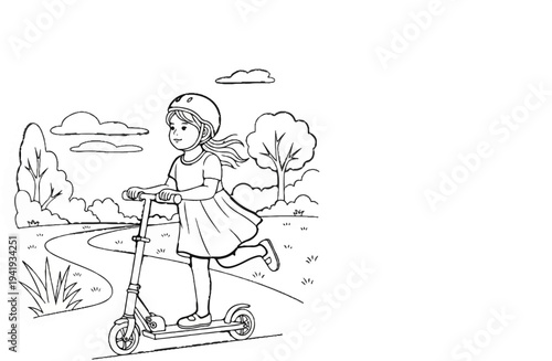 A girl in a helmet rides a scooter on a park path amidst trees