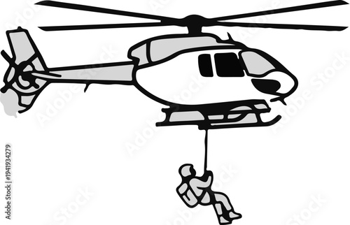 A helicopter rescue operation lifting a person suspended from below