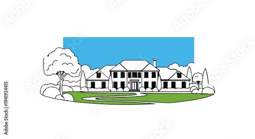 A grand residence with manicured grounds under a clear blue sky