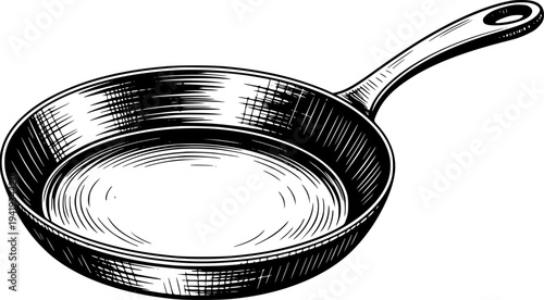 Vintage Style of a Black Frying Pan with Handle White Background skillet cooking