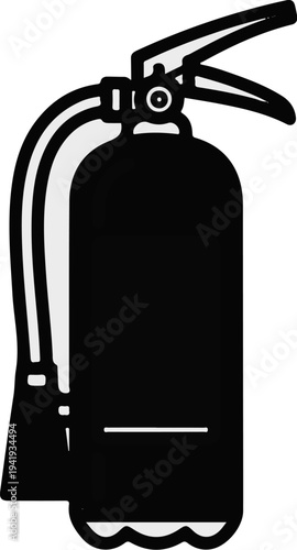 A graphic illustration of a black fire extinguisher with a light grey hose
