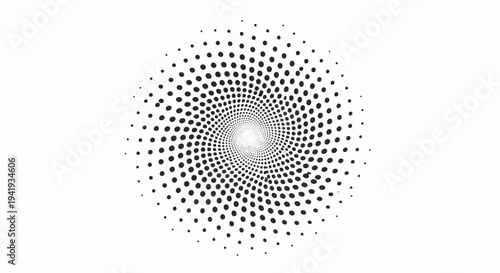 A radial pattern of black dots on a white background creates a spiral illusion