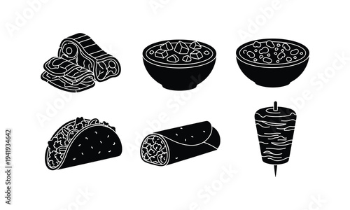 Black and white graphic illustration of various mexican and middle eastern foods