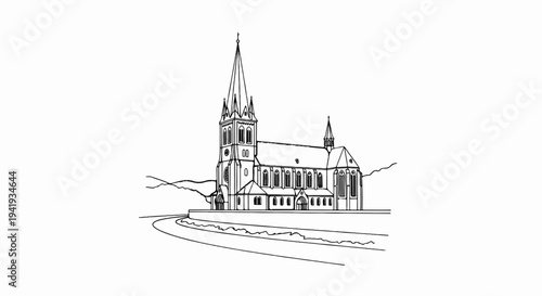 A gothic-style church with a tall spire, surrounded by rolling hills and a curving path