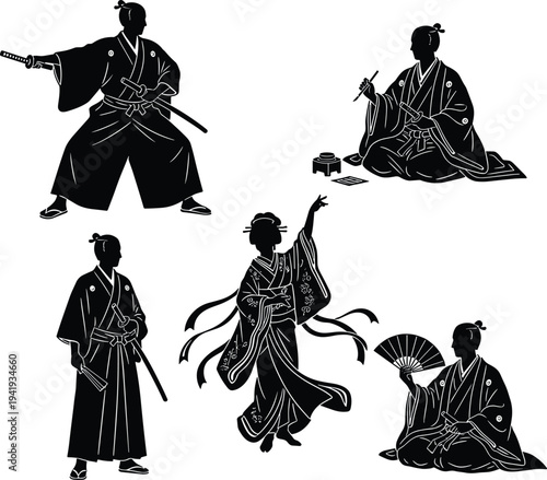Black silhouette collection of traditional Japanese samurai warriors and geisha in kimono featuring katana sword fighting calligraphy writing and folding fan on white background