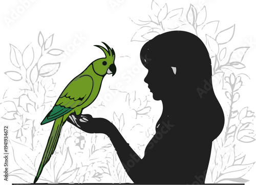 A green parrot perched on a person's hand, surrounded by floral outlines