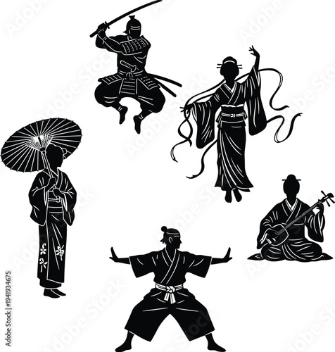Black silhouette collection of traditional Japanese samurai warriors in battle poses geisha with parasol and musicians playing shamisen isolated on white background for cultural design