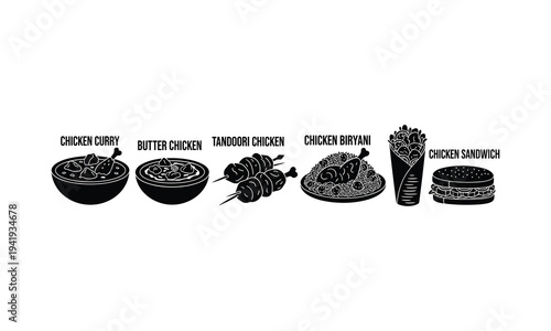 A collection of popular indian and fast food dishes illustrated in black