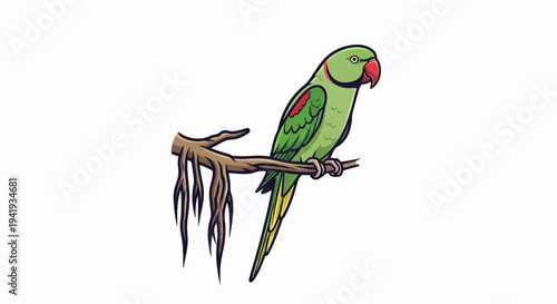 A green parrot with a red beak and a ring around its neck perched on a branch