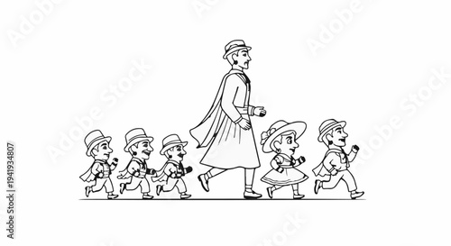 A group of children in hats and a man with a cape run in a line