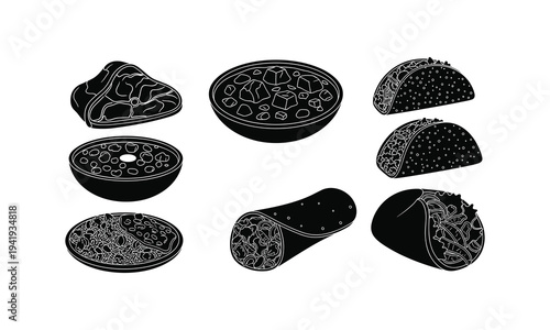 Selection of various mexican food dishes in black and white line art
